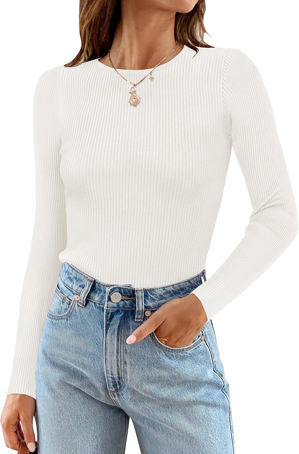 ZESICA Womens Long Sleeve Crewneck Tops 2024 Spring Fall Clothes Ribbed Knit Sweater Slim Fitted Casual Basic Tee Shirts