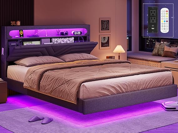 BTHFST Floating Bed Frame Full Size with RGB Lights Headboard, Dark Gray | USB-C/A Power Outlets, Linen Upholstered Platform Bed with Storage Headboard, Innovative Stable Structure, Easy Assembly