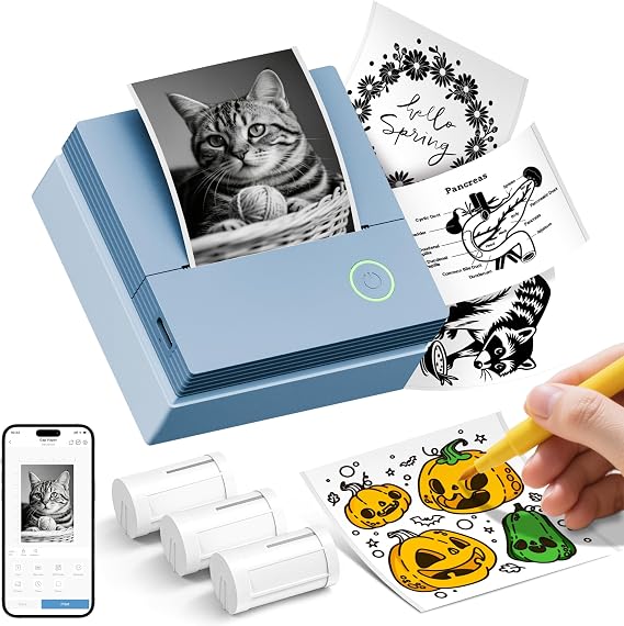Sticker Printer, PM290C Mini Printer with 3 Rolls Paper, Blue