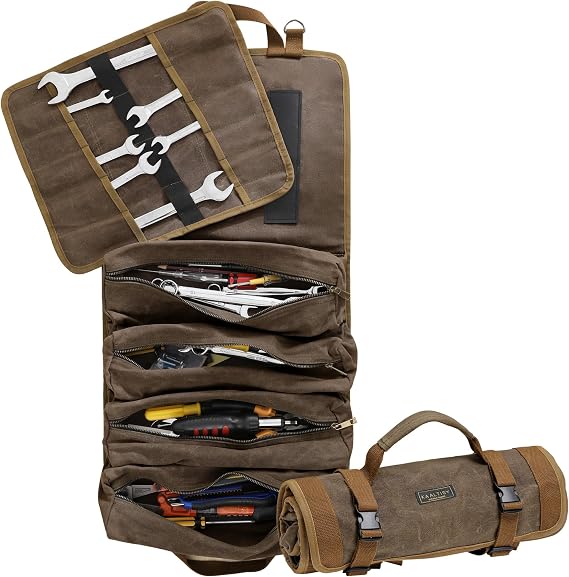 Multifunctional Tool Roll Bag | 16OZ Waxed Canvas Tool Carrier with 4 Pockets + 1 Detachable Roll - Portable Tool Organizer for Hammer Wrench Chisel | 27.5"x13.5" | Grey