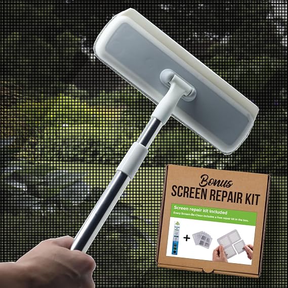 Screen-Be-Clean All Purpose Screen Cleaner Brush, Duster, Window Squeegee Tool Kit for Wet and Dry Use on Glass Windows, Mesh Screens, and Pet Hair Remover. Plus Bonus Screen Repair Kit