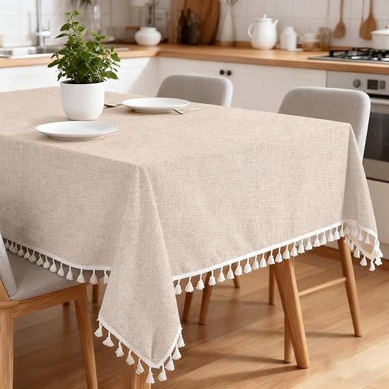 Tablecloth for Rectangle Table, Cotton Linen Tassel Tablecloth Beige | 140x220 cm, Washable, Rectangle Table Cover, for Indoor Outdoor Tabletop