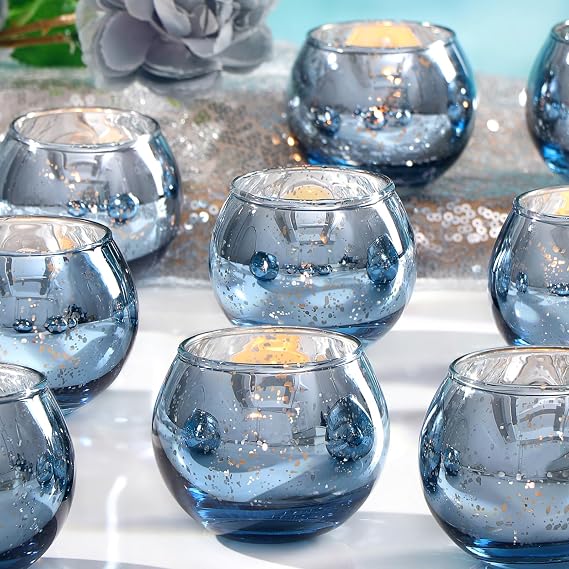 12 Pcs Blue Votive Candle Holders- Blue Centerpieces for Tables, Round Mercury Glass Candle Holder for Bridal Shower Decorations, Wedding Decor