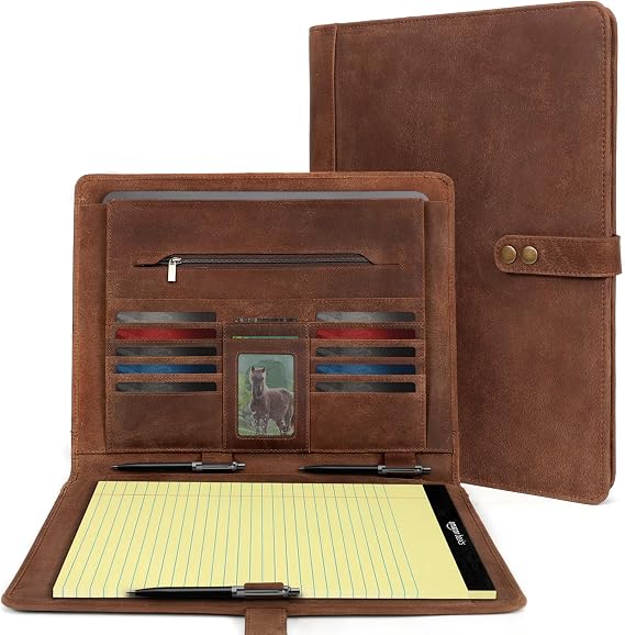ELIZO Leather Portfolio Padfolio Leather Binder Folder for Men and Women Professional Business Portfolio Organizer Men and Women Saddle Letter Strap