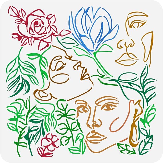 FINGERINSPIRE Woman Face Stencil 11.8x11.8inch Line Art Beautiful Woman Face Drawing Template Beauty Girl Rose Magnolia Pattern Decoration Stencil for Painting on Wood Wall Fabric Paper Furniture