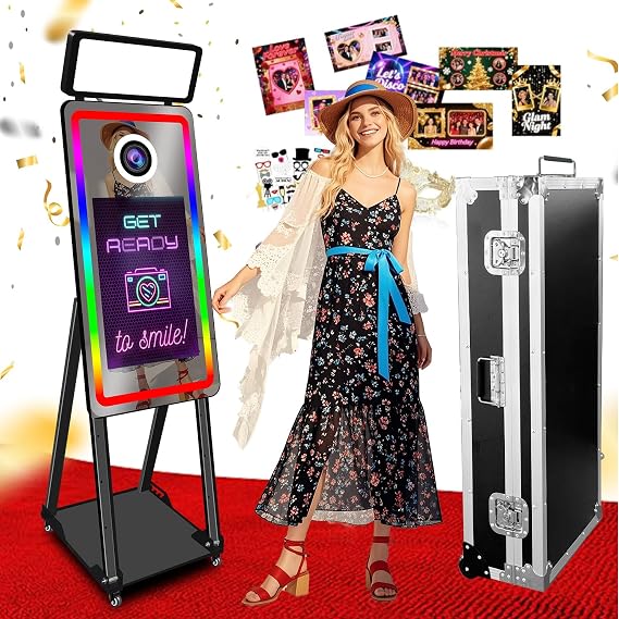 Popular 40" Magic Mirror Photo Booth with Square Fill Light,Flight Case and 21.5'' Touch Screen Selfie Photobooth Machine for Wedding (Black,40Inch)
