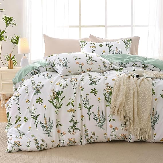 MUXHOMO Floral Duvet Cover Set 3 PCS Green Flower Queen + Mattress Protector Queen