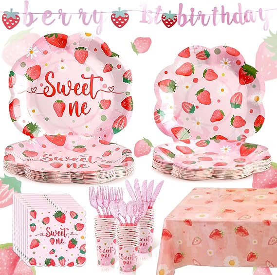 Strawberry First Birthday Decorations for Girl, Strawberry First Birthday Plates Serves 24, Strawberry Plates, Strawberry 1st Birthday Decorations, Berry Sweet One Birthday Party Decorations