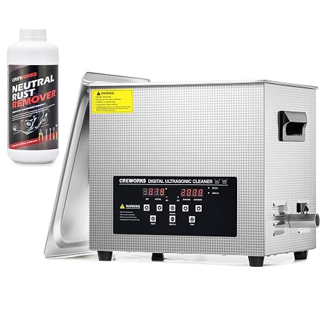 CREWORKS 10L Digital Ultrasonic Cleaner with Degas Gentle Modes, and 34 fl oz Heavy Duty Rust Remover for Metals