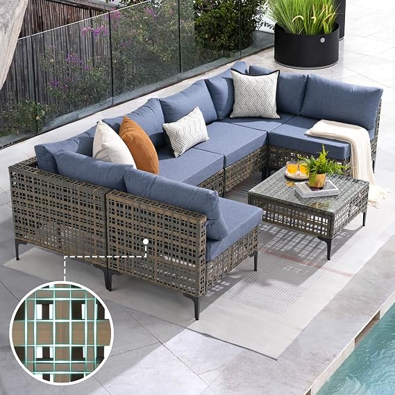 Patiorama 7 Piece Wicker Patio Furniture Set, Outdoor Sofa Set, Denim Blue