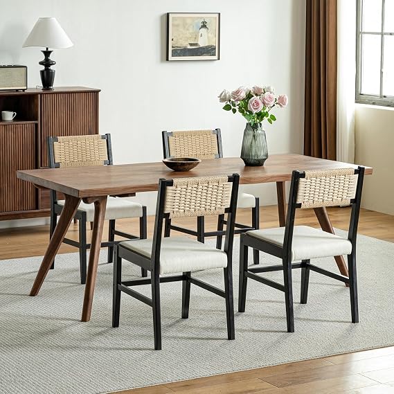 VDNEND Dining Room Chairs Set of 4 Solid Wood Chairs with Wicker Backrest and Padded Seat Cushion Modern Kitchen Chairs for Dining Room Living Room Black