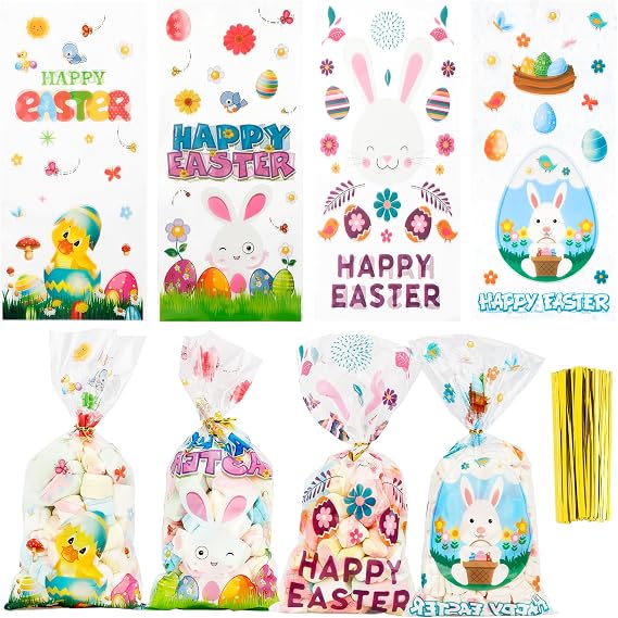 Easter Cellophane Treat Bags, 100 PCS Easters Gift Bags, Plastic Clear Cello Easters Candy Cookies Goodie Snack Bag with 100 Pcs Gold Twist Ties for Easter Party Favor Supplies, 4 Assorted Styles