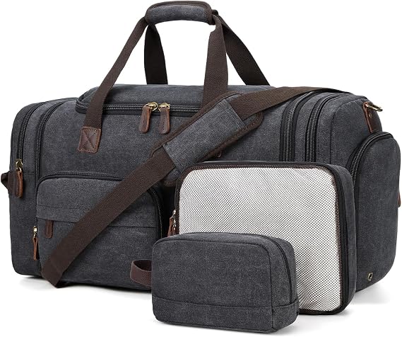 Mens Duffle Bag for Travel 60L Expandable Canvas Weekender Overnight Travel Duffel Bag with Shoe Compartment Carry-On for Airplanes, Dark Gray, XL, Outdoor
