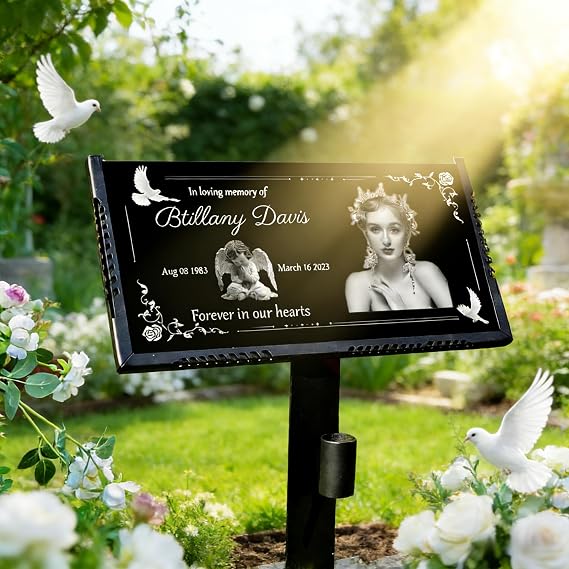 Personalized Photo Headstone, Engraved Black Granite Grave Marker (Picture right)