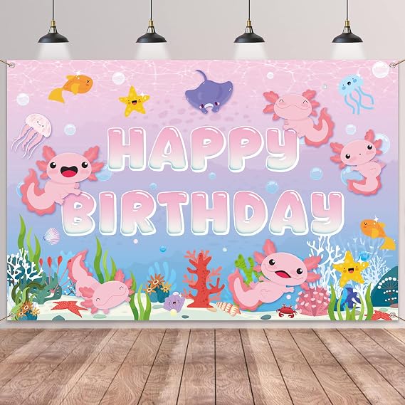 Axolotl Birthday Decorations Backdrop Banner - Large Pink Happy Birthday Banner 64 ft for Girls, Cute Axolotl Cartoon Animal Party Photography Background Decor for Kids Baby Shower