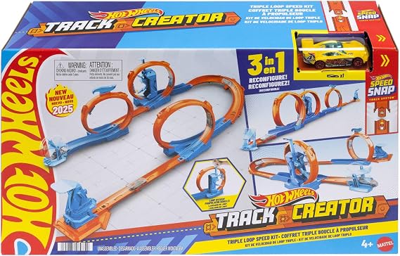 Hot Wheels oyuncak araba ve pist seti, üçlü çember paketi, 1:64 ölçekli araç, üç çemberli pist parçaları, kolayca birleştirilebilen pistler ve adaptörler, JDW39