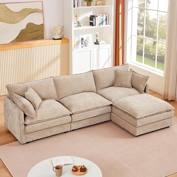 GNIXUU 102" Modular Sectional Sofa, L Shaped Cloud Couch with Movable Ottoman & 4 Pillows, Deep Seat Chenille 4 Seater Sectional Couches for Living Room, Apartment (Camel)