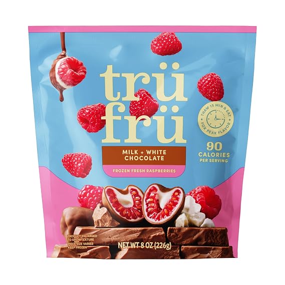 Tru Fru Frozen Fresh Raspberries in Milk & White Chocolate, 8 Ounce Bag