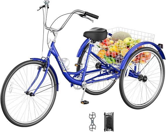 Max4out Adult Tricycle with Large Basket 24/26 Inch, Stable 3 Wheel Cruise Bicycle for Shopping, Beach and City Trike Perfect for Men, Women, Seniors(Blue/Purple/Red)