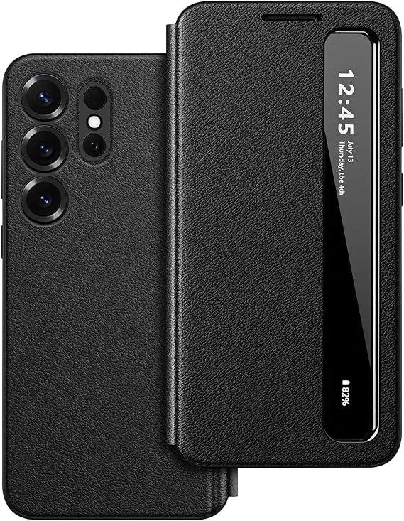 for Samsung S23 Ultra 5G Clear View Cover with Smart View Touch Control, S-View Case for Samsung Galaxy S23 Ultra, Flip Smart Window, Shockproof, Protective Phone Case Galaxy S23 Ultra Black