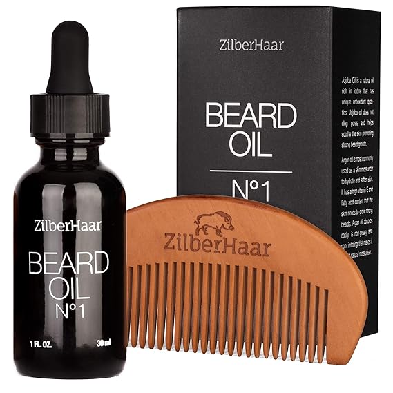ZilberHaar Beard Oil No1 - Pure, Organic Moroccan Argan and Jojoba Oil for Natural Beard Growth and Hydration - 1 oz - Free Beard Comb Gift