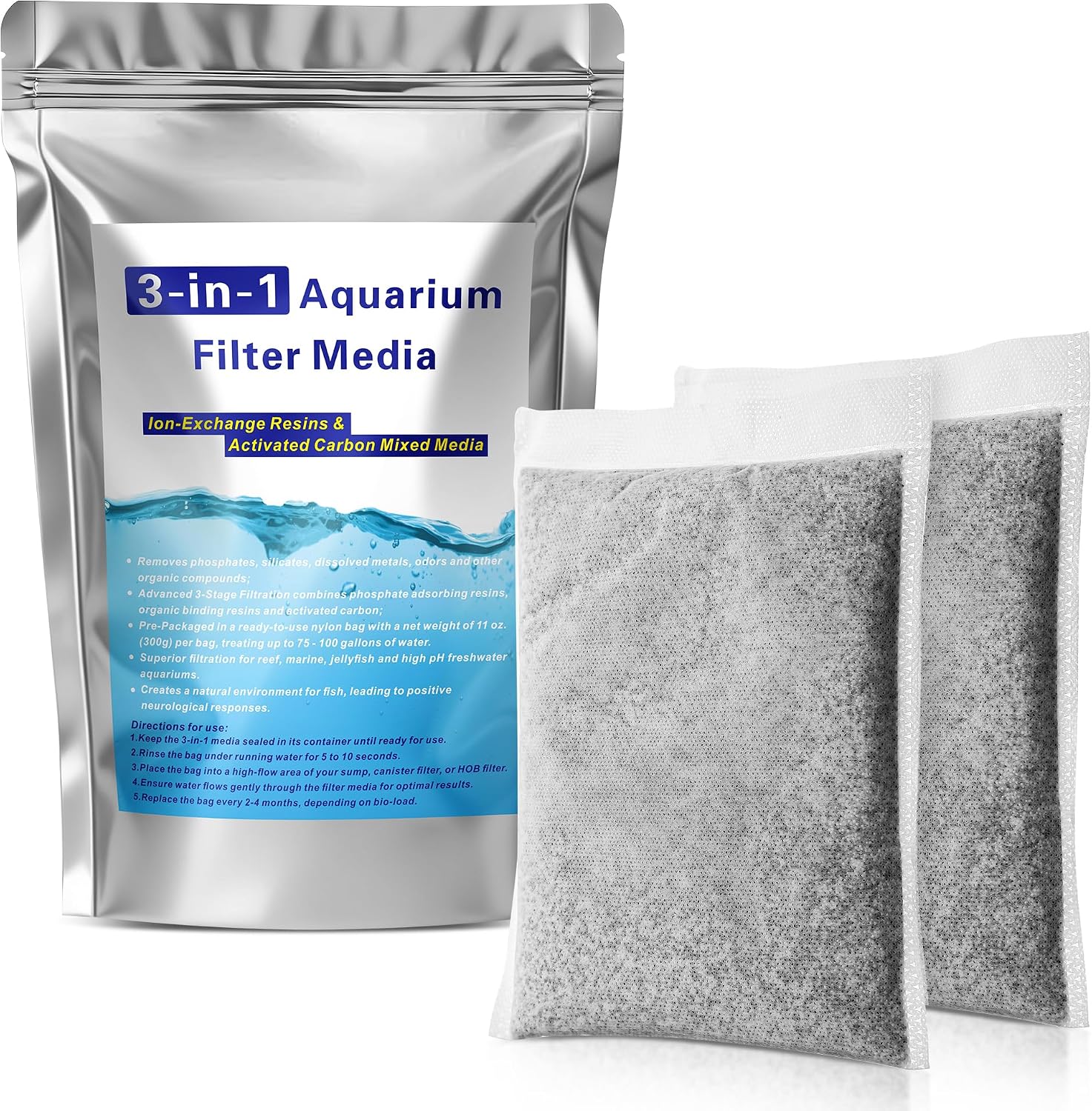 2 Pack 11oz Aquarium Filtration Media Extruded Carbon & Ion Exchange Resin Nylon Bag 75-100 Gallons Per Bag Removes Phosphates and Metals for Coral Reef, Marine, Jellyfish and High pH Aquariums