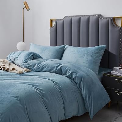 Crystal Velvet King Duvet Cover Set Light Blue, Soft Warm Flannel Comforter Cover King Size for Fall Winter Spring, 3 Pieces Luxury Fluffy Silky Velour Bedding Duvet Cover 104 x 90