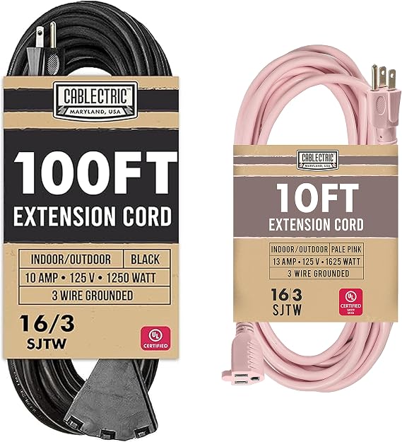 3 Outlet Black Extension Cord 100 ft, 16/3 10AMP Weatherproof SJTW Heavy Duty Multiple Plug & Pink Outdoor Extension Cord 25 ft, 16 AWG 13 Amp - UL Listed