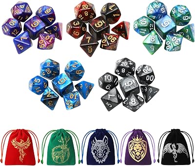 35Pcs DND Dice Set with 5 Colorful Animal Patterned Dice Pouches, Polyhedral Dice Sets for Dungeons and Dragons D&D TTRPG MTG Table Role Playing Games