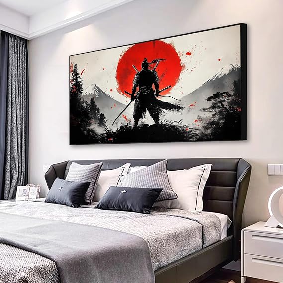 Japanese Canvas Wall Art, Japanese Samurai Canvas Wall Art, Black and White Armored Samurai Canvas Picture, Warrior Figure Pictures, Japanese Wall Art, Samurai Poster (Black Framed, 48x27in|122x68cm)