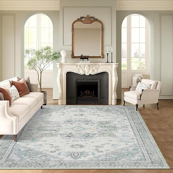 8x10 Soft Washable Area Rugs for Living Room and Bedroom, Non-Slip Stain Resistant Indoor Carpet, Cozy Floor Mat for Dining Room, Office, Under TableStain Resistant Green Floral