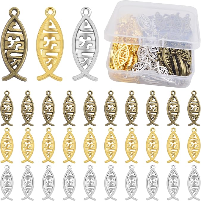120pcs Vintage Hollow Jesus Fish Charms Tibetan Alloy Christian Fish Jesus Pendant Charms with A Plastic Box for DIY Bracelet Necklace Keychains Jewelry Making, 3 Colors