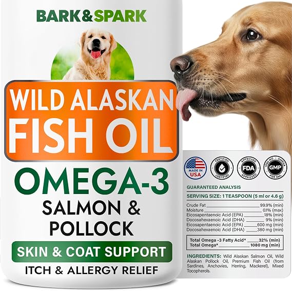 Omega 3 Fish Oil Liquid Supplement for Dogs - Wild Alaskan Salmon Oil
