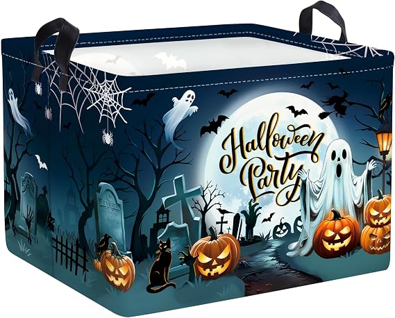 Halloween Baby Storage Basket Ghost Bat Pumpkin Collapsible Clothes Kids Laundry Hamper Large Boys Girls Gift Toy Box Bin for Nursery Room,Graveyard,40*30*30 cm