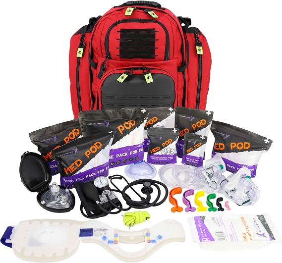 Lightning X TacMed Fully Stocked Modular ALS Trauma Backpack for EMS/EMT w/Deluxe First Aid Fill Kit C - RED
