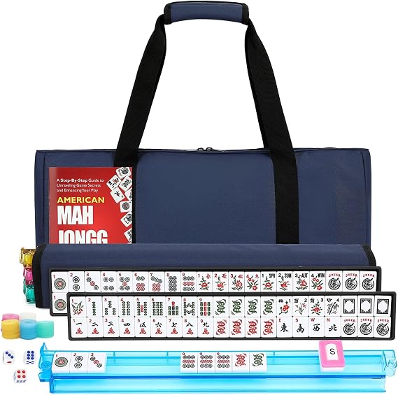 American Mahjong Tile Set,166 White Tiles Mahjong Set,4 Colors Mahjong Racks,Travel Mahjong Set with Blue Carrying Bag