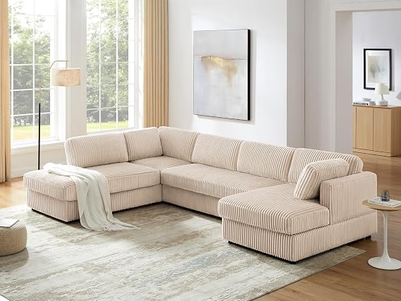 VANOMi 133.1" Oversized U-Shaped Sectional Sofa with Chaises for Living Room, 5 Seaters Comfy Corduroy Cloud Couch, Modern Upholstered Sofa with Deep Seats for Apartment, Beige