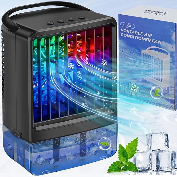 Portable Air Conditioners Fan - Portable AC Small Personal Air Cooler, Quiet Mini Mobile Cooling Fan with Handle,2/4H Timer 3 Speeds,Desk Air Conditioner with 7 Color for Home Bedroom Office Outdoor