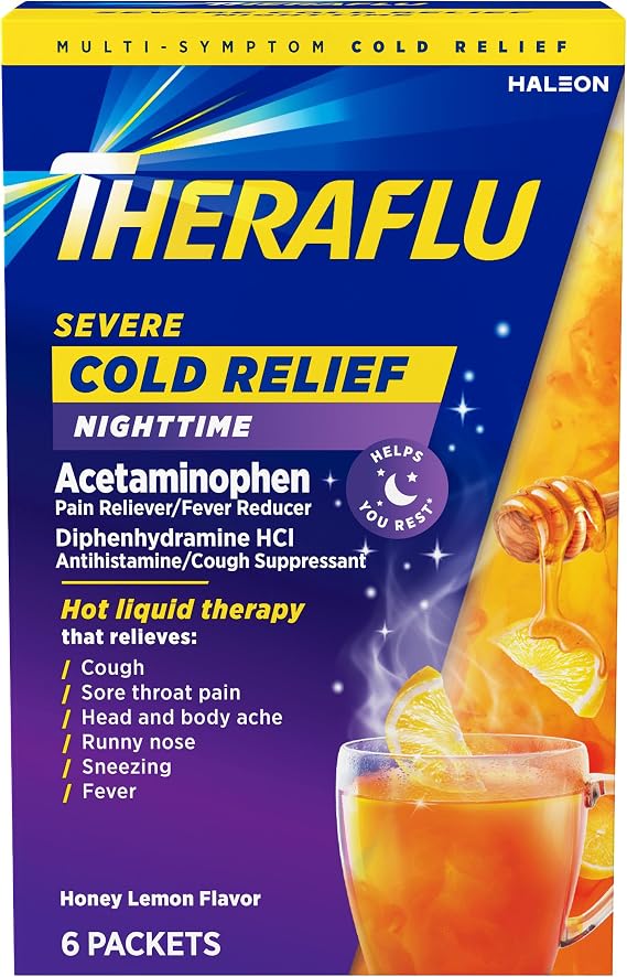 TheraFlu Nighttime Severe Cold Relief Honey Lemon Flavor Powder - 6 Ct