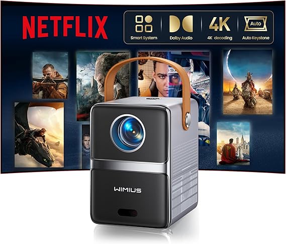 Smart Mini Projector with WiFi and BluetoothCompatible with Netflix/Portable/4K SupportedDolby Audio,Auto Keystone & Electric Focus Outdoor Movie Projectors,WiMiUS Native 1080P HD Proyector