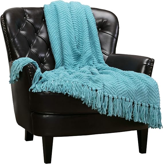 Chanasya Premium Textured Knit Throw Blanket with Tassels - Soft, Cozy Blanket for Couch, Bed, Living Room - 50" x 65 - Aqua