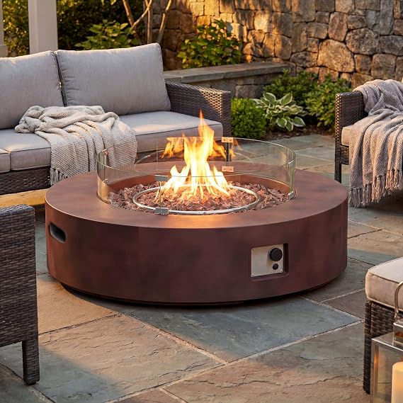 COSIEST Outdoor Propane Fire Pit Coffee Table w Bronze 42 inch Round Base Patio Heater, Certified, 50,000 BTU Stainless Steel Burner, Wind Guard, Tank Outside, Free Lava Rocks, Waterproof Cover