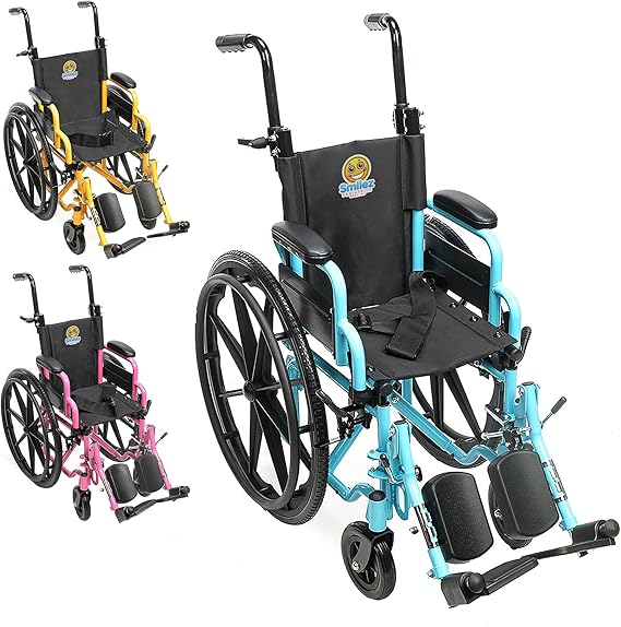 Customize Your Pediatric Wheelchair - 12" or 14" Foldable Narrow Wheelchair for Kids - Fun Colors, Cushion, Seat Belt, Anti Tippers, Padded Arm and Leg Rests, Height Adjustable Push Handles