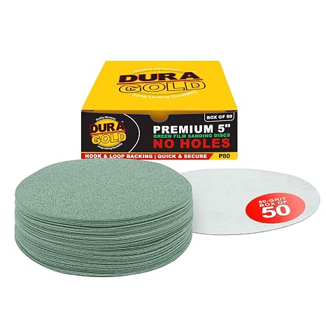 Dura-Gold 5" Green Film Sanding Discs, 80 Grit, Box of 50, Hook & Loop