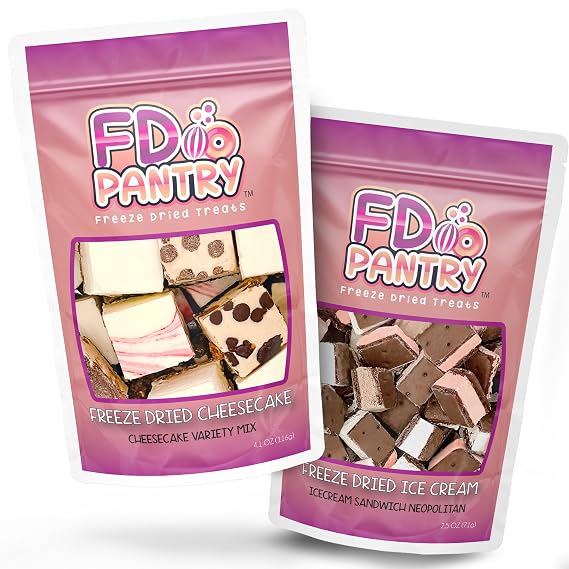Freeze-Dried Cheesecake New York Style + Ice Cream Sandwich Bites, Caramel Chocolate Chip and Strawberry Swirl, Strawberry, Vanilla and Chocolate, 4.10 oz and 2.5 oz bags, Resealable Gift Bag