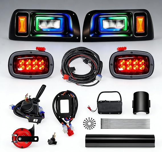 RGB LED Headlight & Turn Signal Kit for Club Car DS (1993-Up), 12V Street Legal Golf Cart Light Kit with Brake Lights, Horn, APP Music Sync Control, Easy Installation