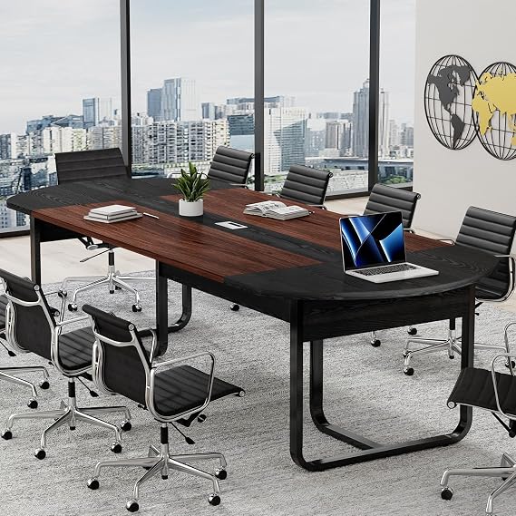 8FT Conference Table, Oval Conference Room Table for 8-10, Black and Walnut | Large Meeting Table with Cable Management Grommet, Modern Seminar Boardroom Table for Office Conference