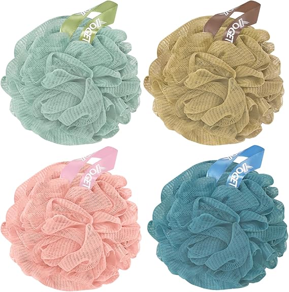 Yoget 4 Pack Shower Loofah Sponge, 60G Bath Loofa Exfoliating Body Scrubber | Lots of Lather Loofa, Bath Sponges for Shower, Quick-Dry, All Skin Body Wash Luffa For Men Women, Soothe Skin 4 Color