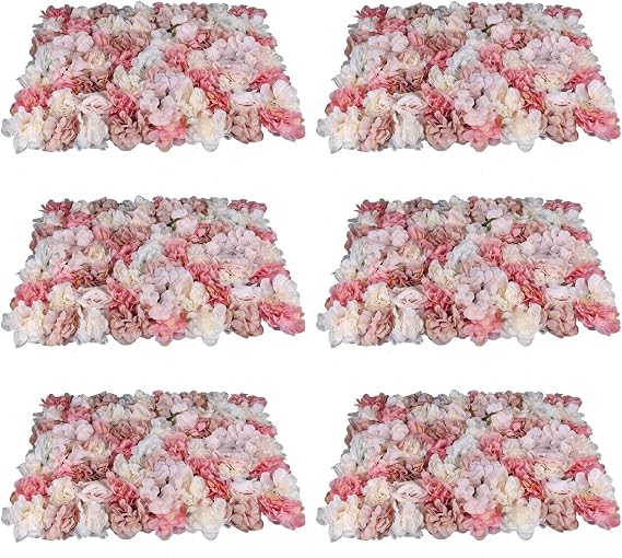 6pcs Flower Wall Panel Set, Artificial Wall Flower Backdrop,Artificial Flower Wall Mat Silk Rose Flower Panels,Hydrangea Rose Floral Panel for Party Wedding (6PCS Rose Hydrangea)