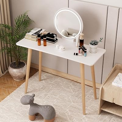 Small Makeup Vanity Desk, White Nordic Style Bedroom Dressing Table for Mini Space, Spacious Desktop with Large Mirror, Solid Wood Legs, for Bedroom, Bathroom, Hallway, Gift for Wife Daughter Mom Whi